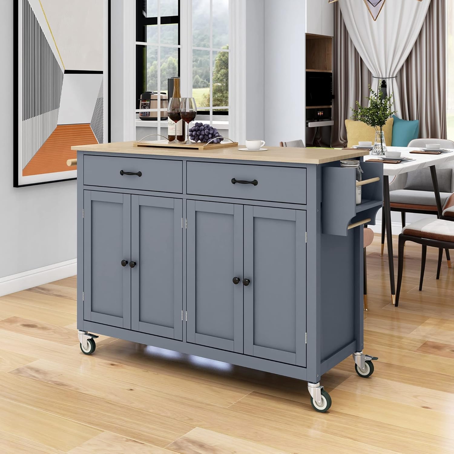 Merax 54.3' Width kitchen island with storage, Rolling Kitchen Storage Islands with 4 Door Cabinet & 2 Drawers, Kitchen Cart with Solid Wood Top, Lockable Wheels, Spice Rack, and Towel Rack, Grey Blue