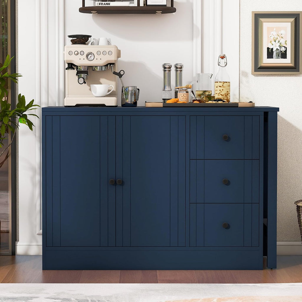 90' Extendable Freestanding Storage Cabinet, Kitchen Storage Bakers Rack with Silent Slides, Utility Food Cupboard with Adjustable Shelf for Kitchen Living Room, Navy Blue