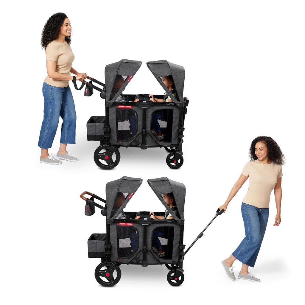 Radio Flyer Voya Stroller Wagon, for Ages 6+ Months, Extra Tall Sides, Push or Pull, 2 Seats, Dual Sun Canopies, Compact Fold, Lightweight, Storage Space, 5-Point Harnesses, Stroller Wagon for Kids