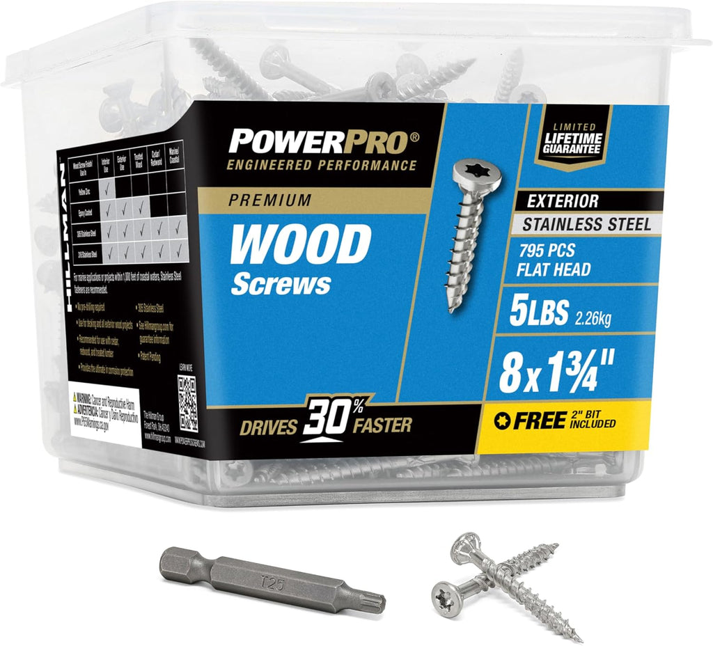 Power Pro 48625 Wood Screws, #8 x 1, Premium Stainless Marine Screws, Rust Resistant, Stainless Steel, 5lb Tub, 860 pcs