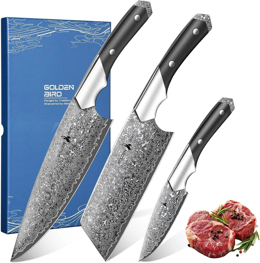 Golden Bird Damascus Kitchen Knife Set, 3 PCS Chef Knife Set Professional, Razor Sharp 67 Layers Damascus Japanese Knives Set for Kitchen with Wood Handle,Gifts for Men Women