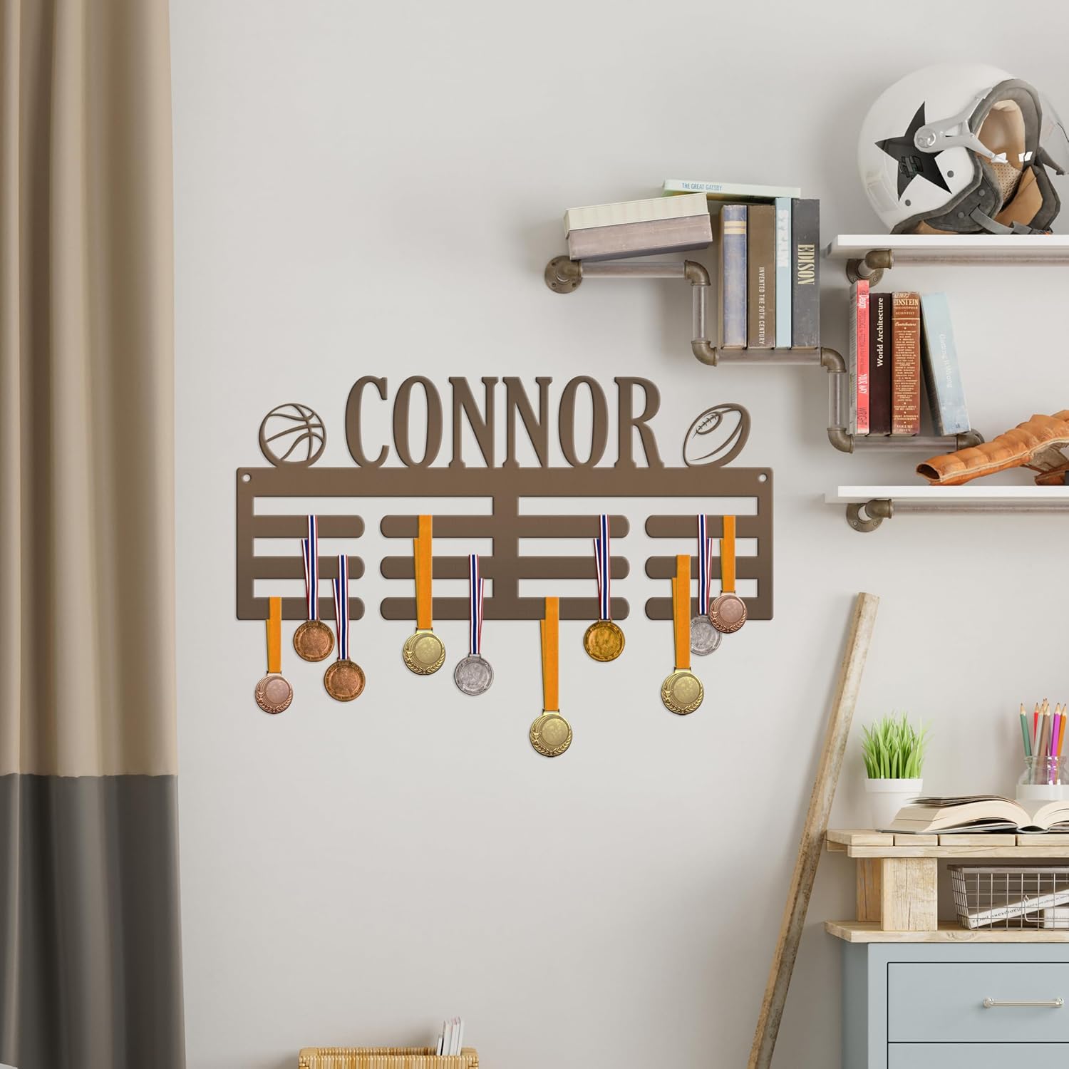 Awards Medal Holder - 2 Sports Icons - Laser Cut Wall Decor - Kids Room Medal Display Art - Personalized Metal Sign - Unique Senior Gift (30 x 17 inches)