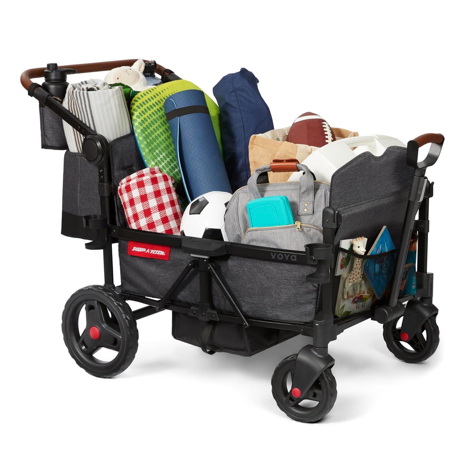 Radio Flyer Voya Quad Stroller Wagon, for Toddlers and Kids 6+ Months, Push or Pull, 4 Seats, Dual Sun Canopies, Compact Fold, Lightweight, Storage Space, 5-Point Harnesses, Stroller Wagon for Kids
