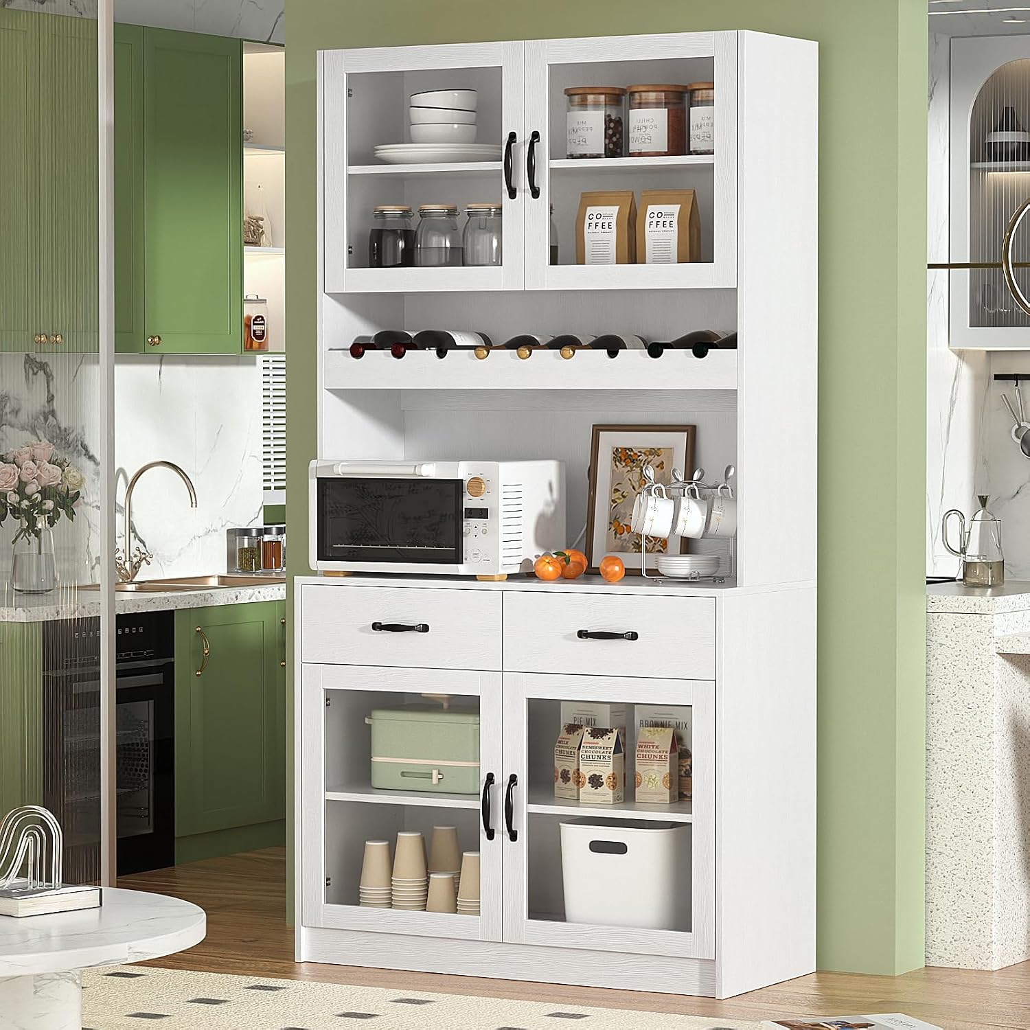 VOWNER 71' Kitchen Pantry Storage Cabinet, Tall Kitchen Hutch Storage Cabinet with 4 Glass Doors and 2 Drawers, Food Pantry with Wine Rack Cupboard for Dinning Room, Living Room