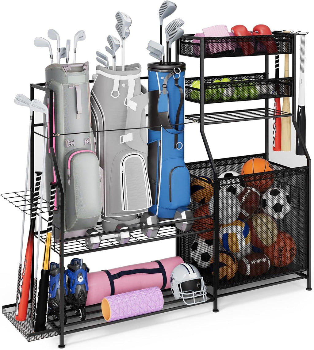 Garage Sports Equipment Organizer,3 Golf Bags Storage Stand,Heavy-Duty Ball Storage Rack with Basket and Hooks,Space-Saving Design for Toy Sports Gear Storage Indoor/Outdoor Use