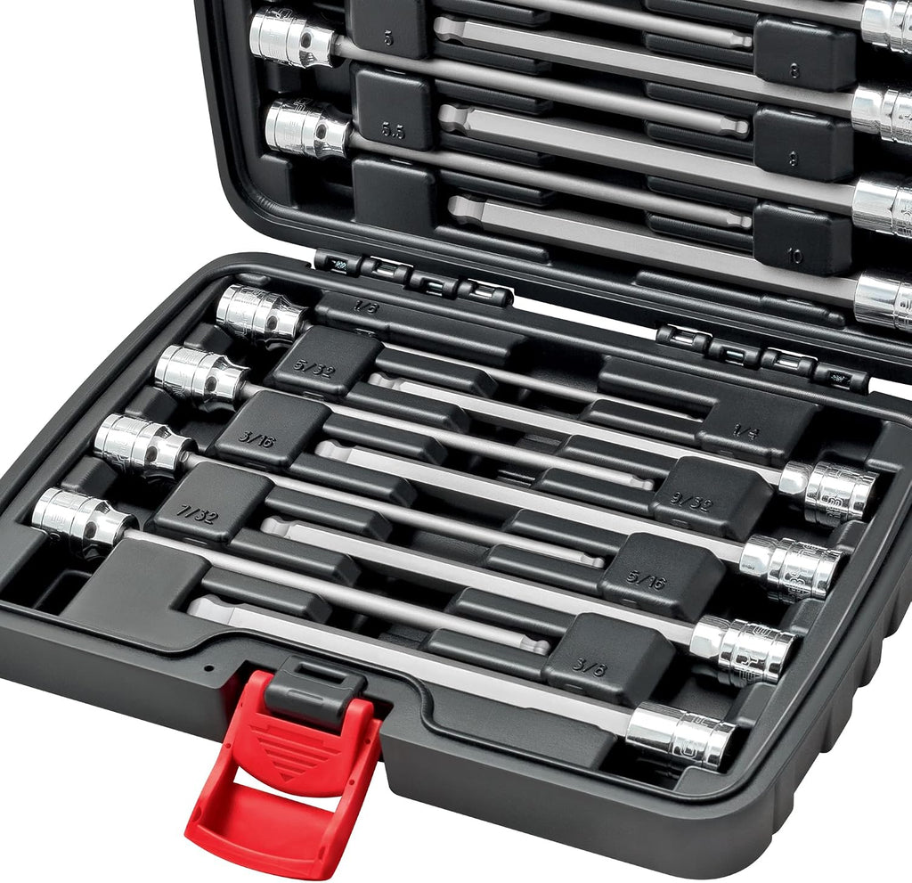 CARBYNE 18-Piece Extra Long Ball End Hex (Allen) Bit Socket Set, Metric and SAE, S2 Steel Bits, 3/8 in. Drive, 6.1 in. Overall Length, Zinc Phosphate Finish, Durable Storage Case