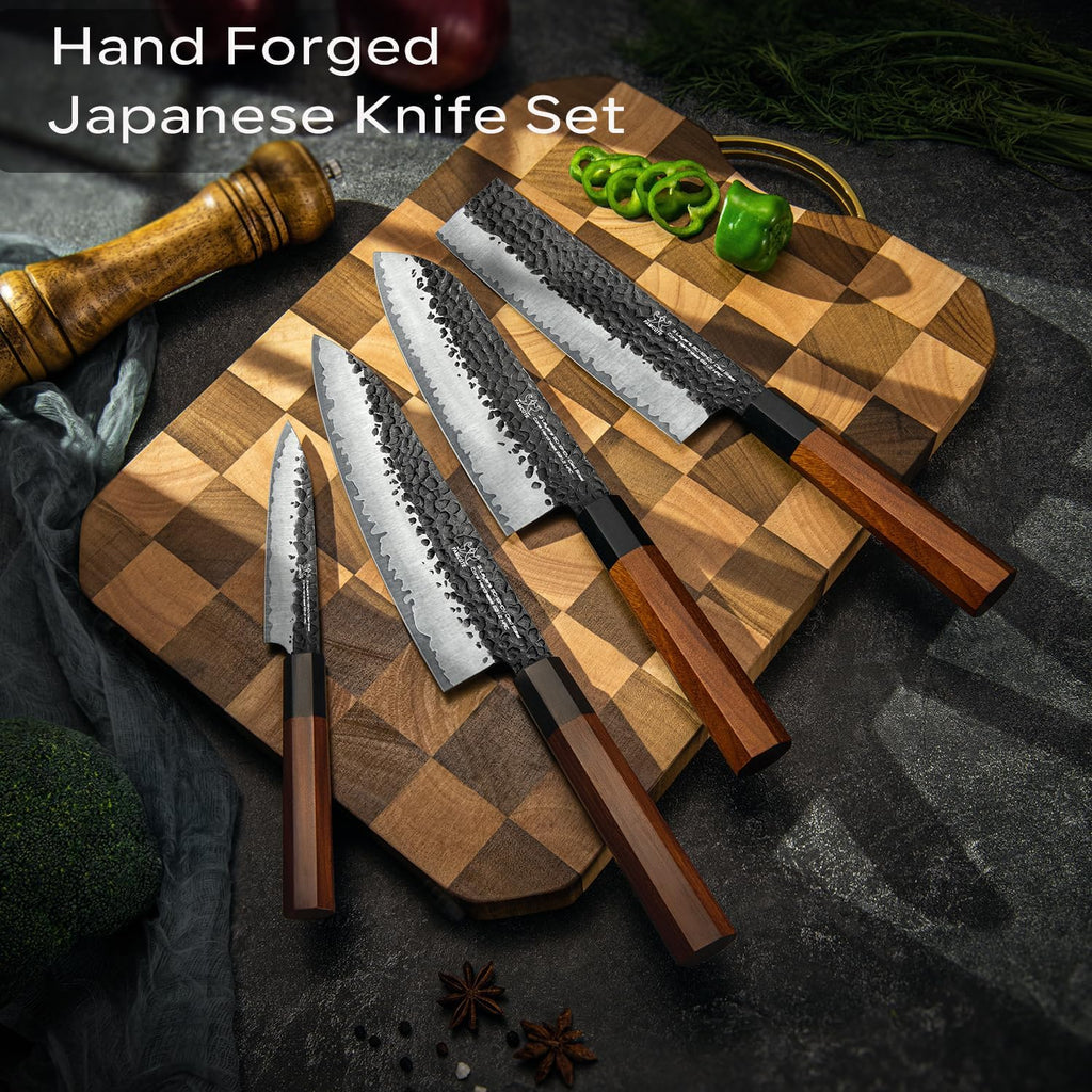 FAMCüTE Japanese Knife Block Set, Hand Forged 5-Layer 9CR18MOV Clad Steel Ultra Sharp Kitchen Knives with Wooden Storage & Rosewood Handle, Includes Chef, Santoku, Nakiri, Fruit Knife for Home Mom/Dad