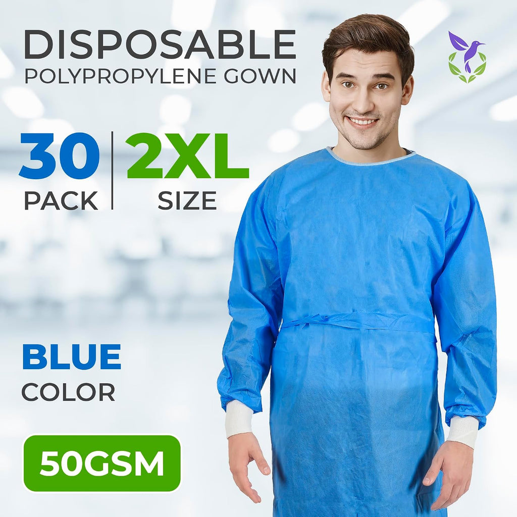 AMZ Medical Supply Disposable Isolation Gowns, 2X-Large Blue, Pack of 30, 50 GSM Non-Woven Polypropylene, Long Sleeves, Knit Cuffs, Neck and Waist Ties, Unisex