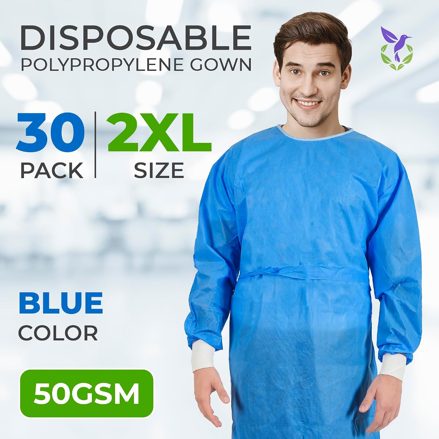 AMZ Medical Supply Disposable Isolation Gowns, 2X-Large Blue, Pack of 30, 50 GSM Non-Woven Polypropylene, Long Sleeves, Knit Cuffs, Neck and Waist Ties, Unisex