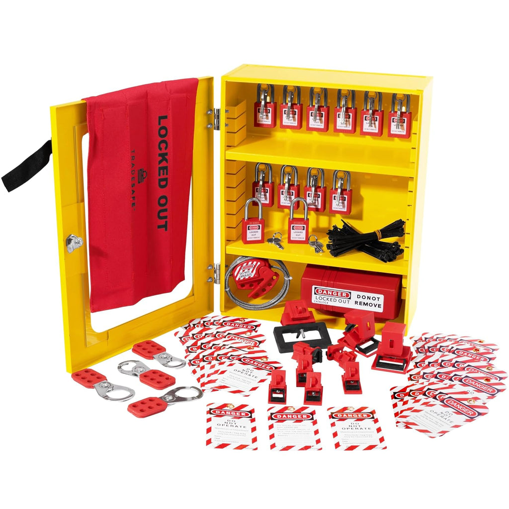 TRADESAFE Lockout Tagout Cabinet - 75 Pieces Loto Devices, Loto Locks, Lockout Hasp, Lock Out Tags, Circuit Breaker Lock, Cable Lock, Plug Lock, Lockout Tagout Station with Movable Shelf Partitions