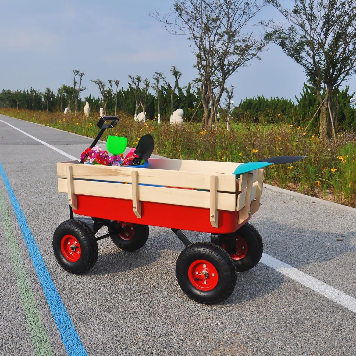 Outdoor Sport Wagon Tools cart Wooden Side Panels air Tires Wagon (red)