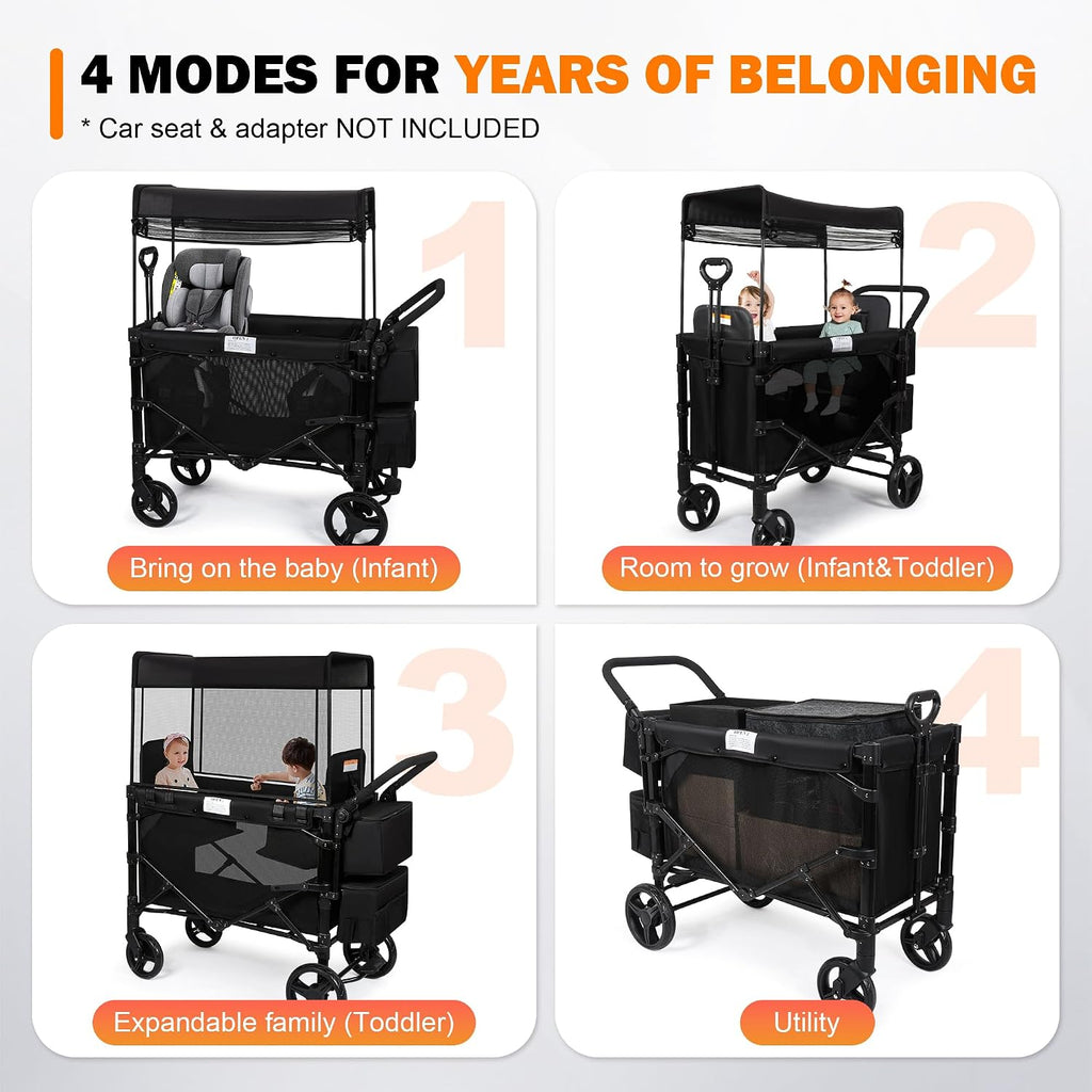Wagon Stroller for 2 Kids, High Seat & 5 Point Harness, Foldable All-Terrain Wagon for Toddler with Canopy, Parent Organizer, Shoulder Bag, Adjustable Handlebar, Ultimate Double (Black, W2-M)