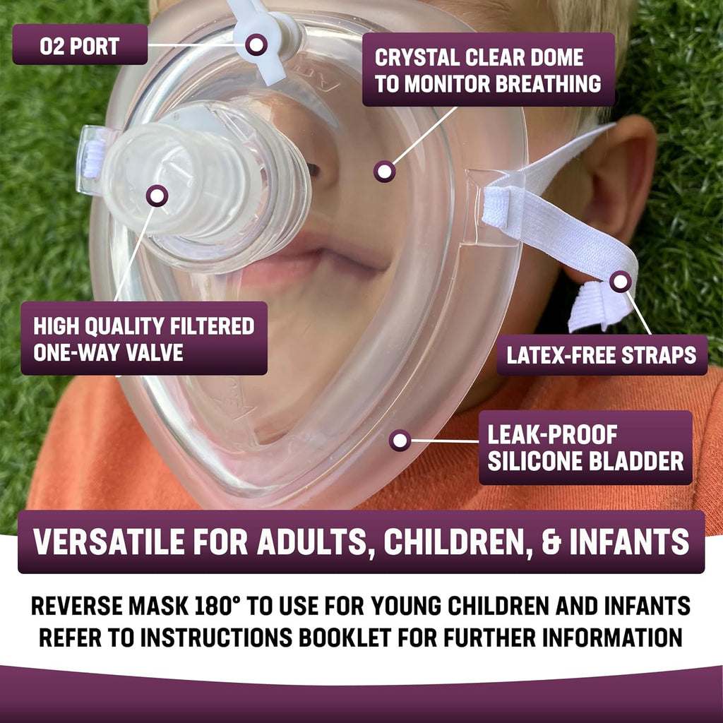 Kemp USA Ambu CPR Mask Kit 80 Set Adult & Child Silicone Resuscitation Mask Hard Case O2 Inlet Pocket Resuscitator Gloves Wipes First Aid Emergency Medical Supply Equipment