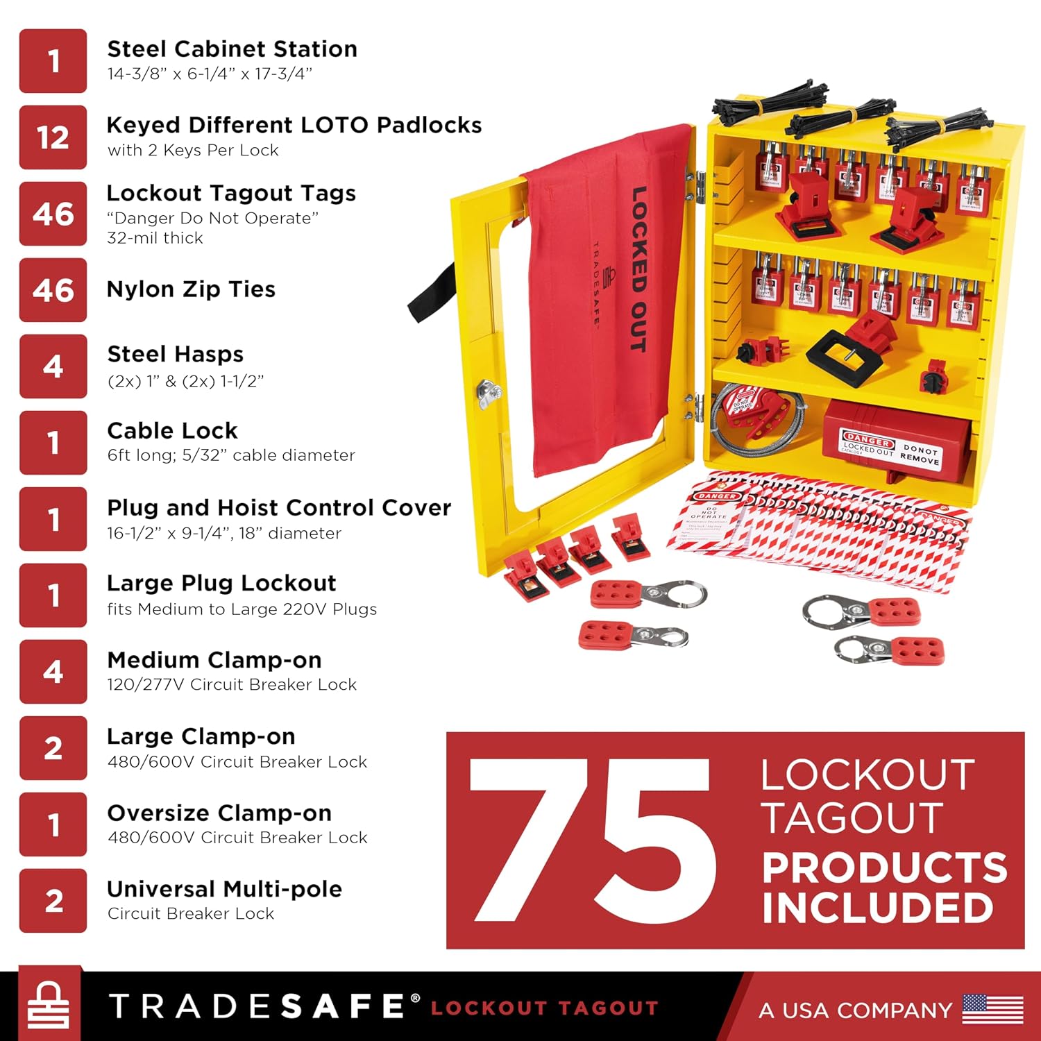 TRADESAFE Lockout Tagout Cabinet - 75 Pieces Loto Devices, Loto Locks, Lockout Hasp, Lock Out Tags, Circuit Breaker Lock, Cable Lock, Plug Lock, Lockout Tagout Station with Movable Shelf Partitions