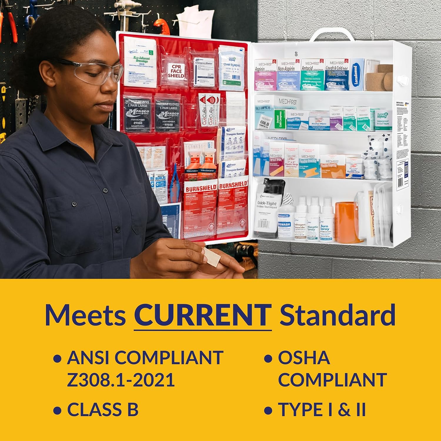 MFASCO Workplace Metal First Aid Kit - 4 Shelf Wall Mount Cabinet with Medications - Large Metal First Aid Box for Office with Supplies - Commercial Grade for Businesses - Emergency Preparedness