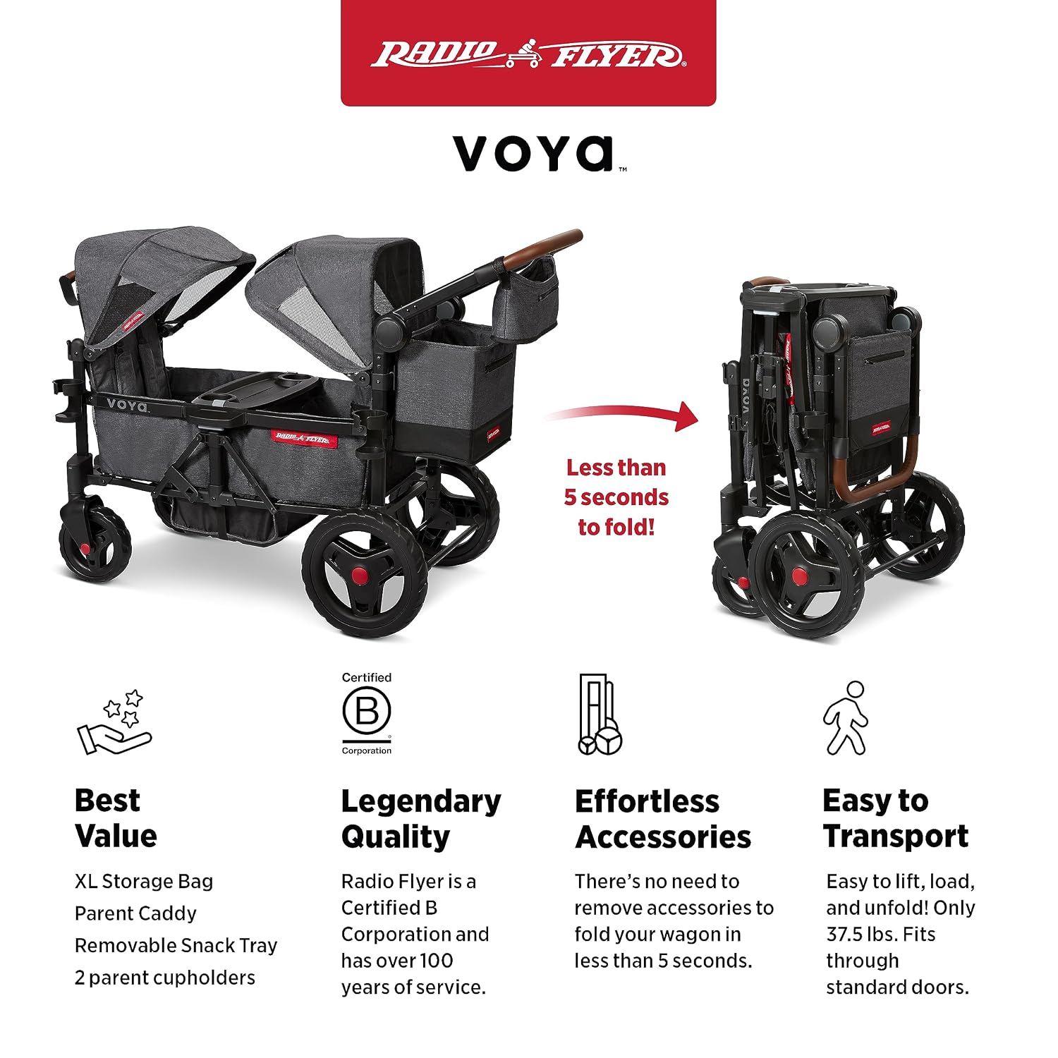 Radio Flyer Voya Stroller Wagon, for Toddlers and Kids 6+ Months, Push or Pull, 2 Seats, Dual Sun Canopies, Compact Fold, Lightweight, Storage Space, 5-Point Harnesses, Stroller Wagon for Kids
