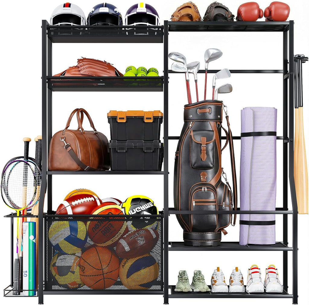Large Sports Organizer for Garage, Ball Storage Rack Garage Sports Equipment Organizer with Side Racks, Baskets, Hooks, Multi-Purpose Golf Gear Storage for Gym Indoor Outdoor