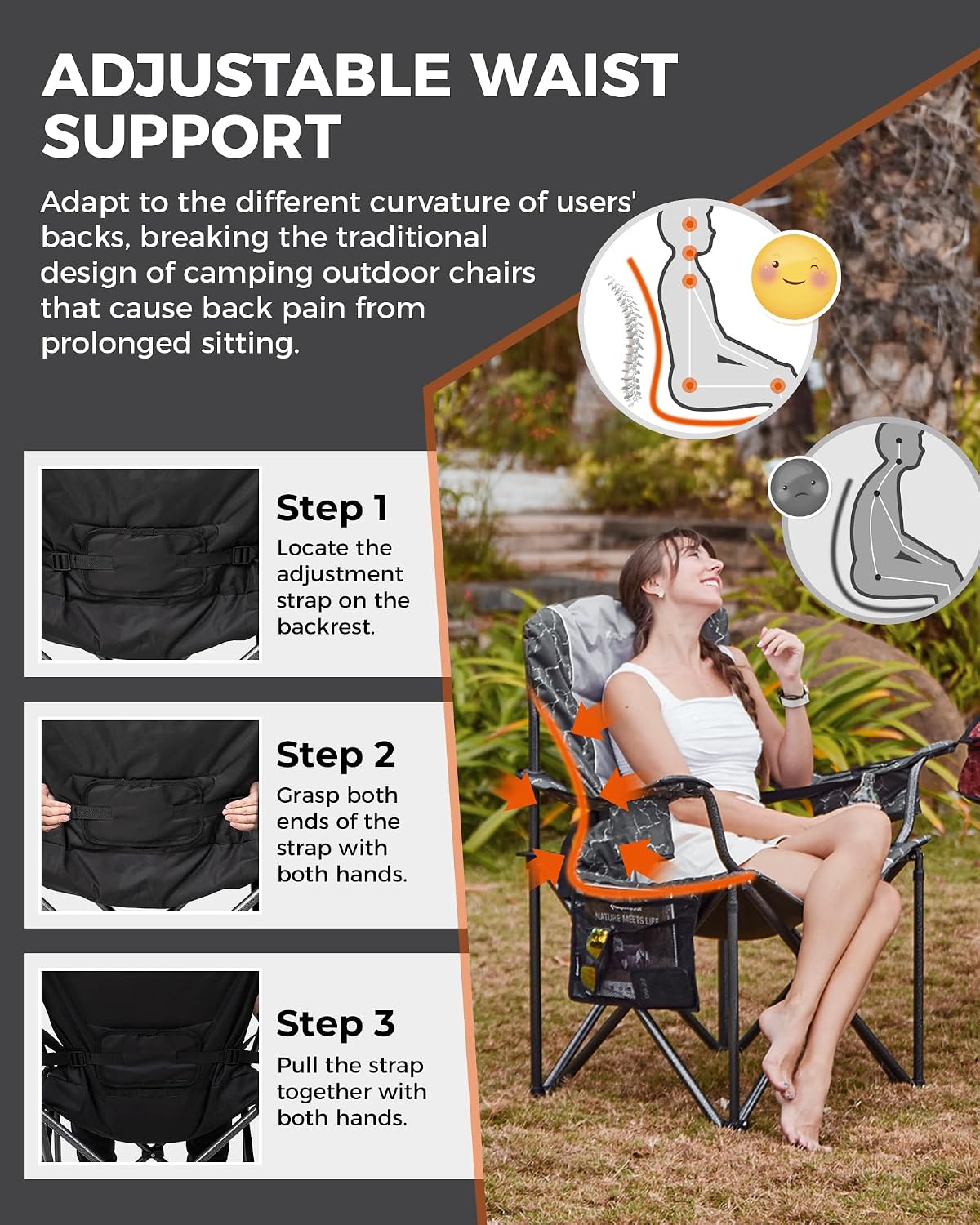 KingCamp Oversized Camping Folding Chair, Heavy Duty 450 LBS with Lumbar Support, Padded seat with Cup Holder&Cooler Bag, Ideal for Camp, Fishing, Sports Event, Backyard, Patio, Lawn