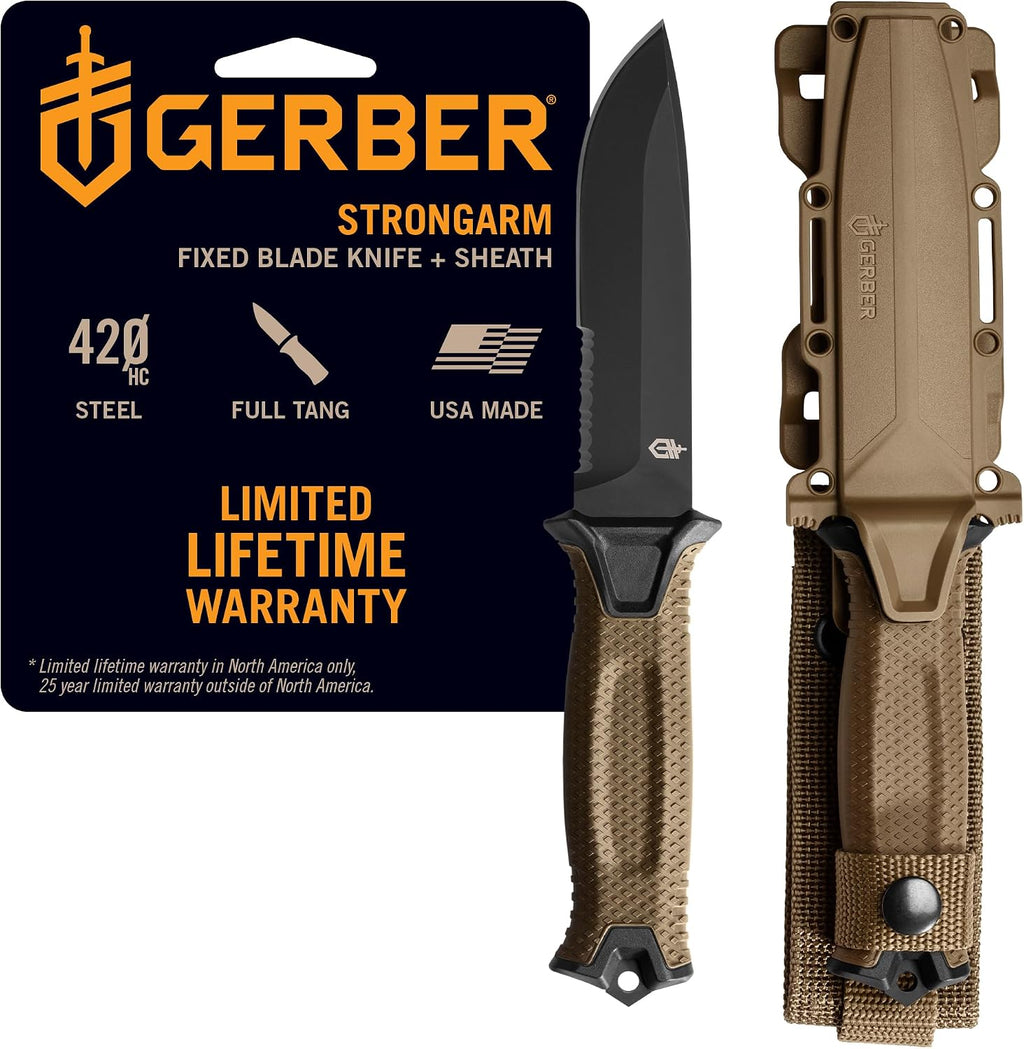 Gerber Gear StrongArm - Fixed-Blade Camping & Hunting Knife with Striking Pommel & Sheath - Premium Survival Gear - Made in USA - Coyote Brown, Serrated Edge