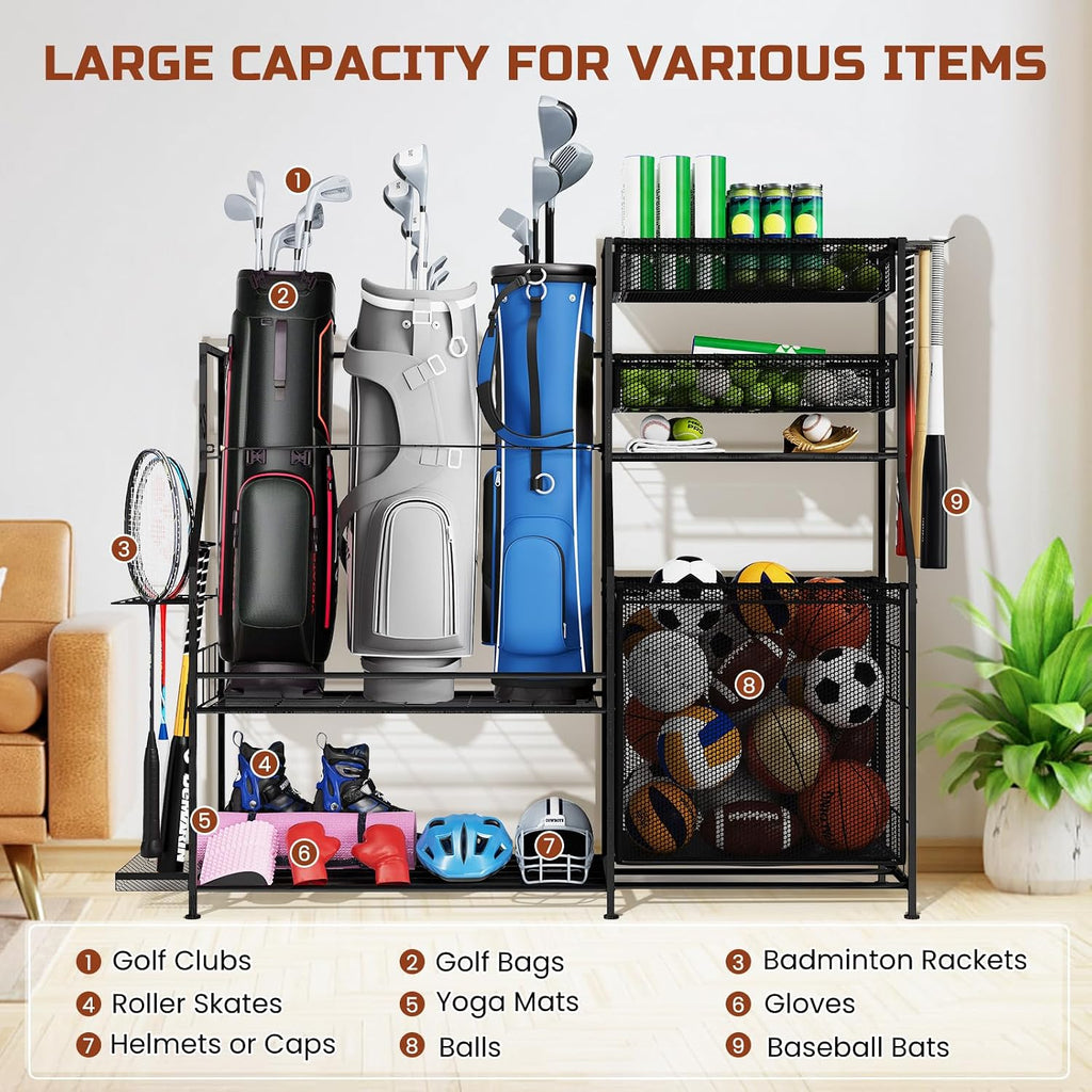 Garage Sports Equipment Organizer,3 Golf Bags Storage Stand,Heavy-Duty Ball Storage Rack with Basket and Hooks,Space-Saving Design for Toy Sports Gear Storage Indoor/Outdoor Use