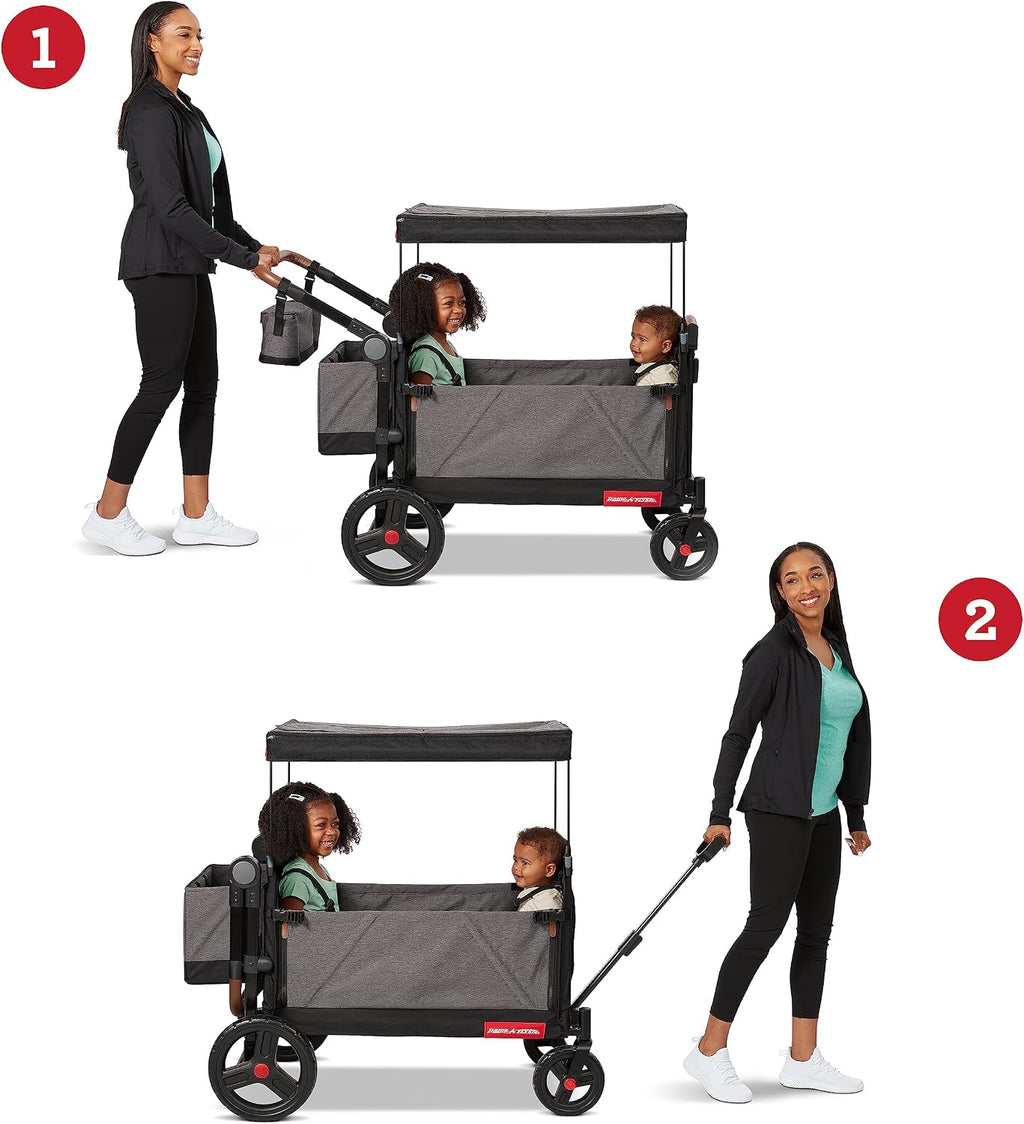 Radio Flyer Atlas Stroll 'N Wagon, Atlas Gray, for Ages 1+, 3-in-1 Push or Pull Versatility, One-Hand Fold, UV Canopy, 5-Point Harnesses, Storage Capabilities, Rubber Wheels, Stroller Wagon for Kids