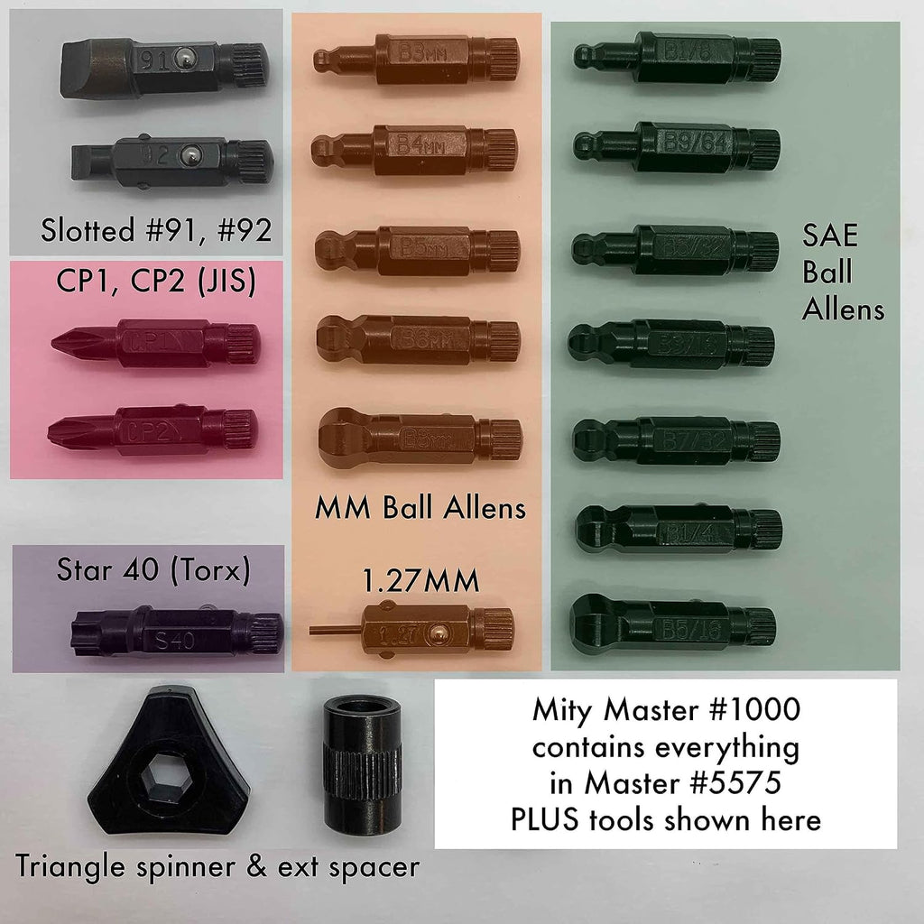 Chapman MFG 1000 Mity Master Set - Includes Phillips, Slotted, SAE & Metric MM Hex, Ball Allen Hex, JIS, Star (for Torx), Robertson Bits, Complete Set 68 USA Made Insert Bits, Mini Ratchet Hand Tool