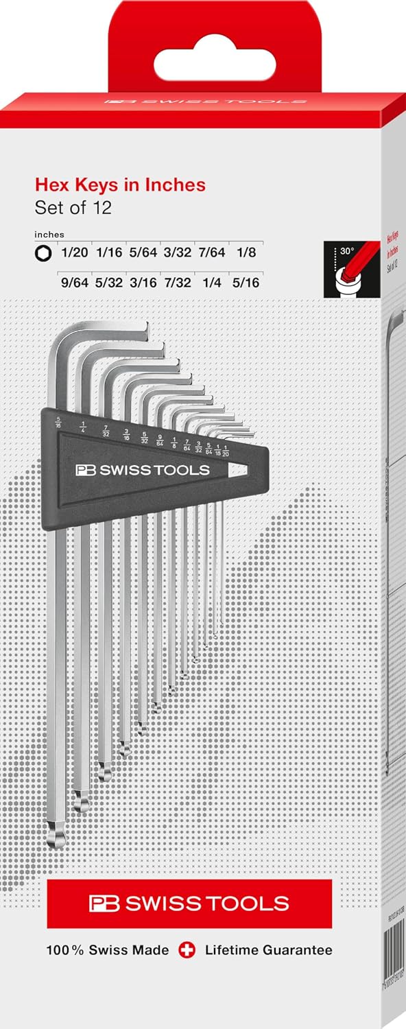 PB SWISS TOOLS Allen Key Set PB 212Z.LH-12 | 100% Swiss Made | 12-Piece Long Hex Key Set with Ballpoint, Inch Sized, for Screwdriving Work in Industry and Handcraft