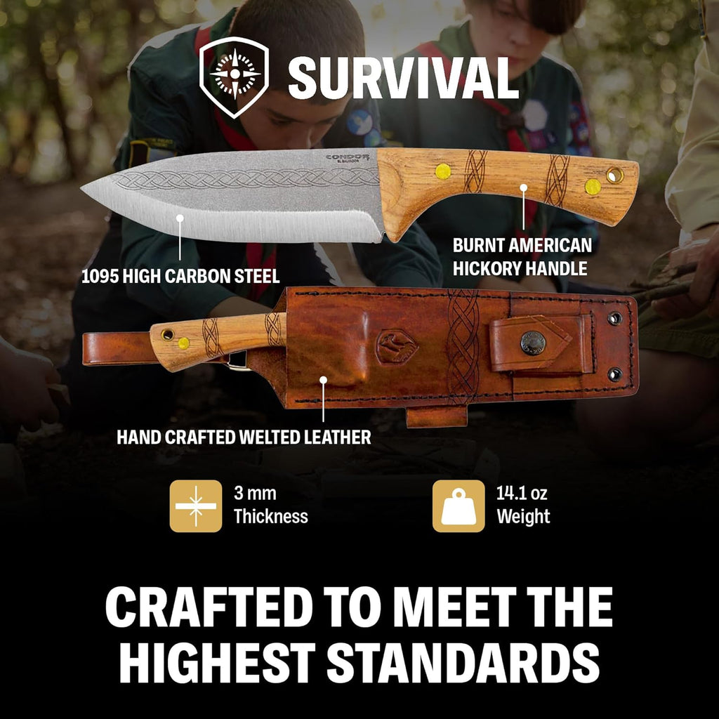 Condor Tool & Knife Pictus Knife | 1095 High Carbon Steel Fixed Blade Knife with Hand Crafted Welted Leather Sheath | Bushcraft Knife with Burnt Hickory Handle | 6.1in Blade | 3mm Thick | 14.1oz