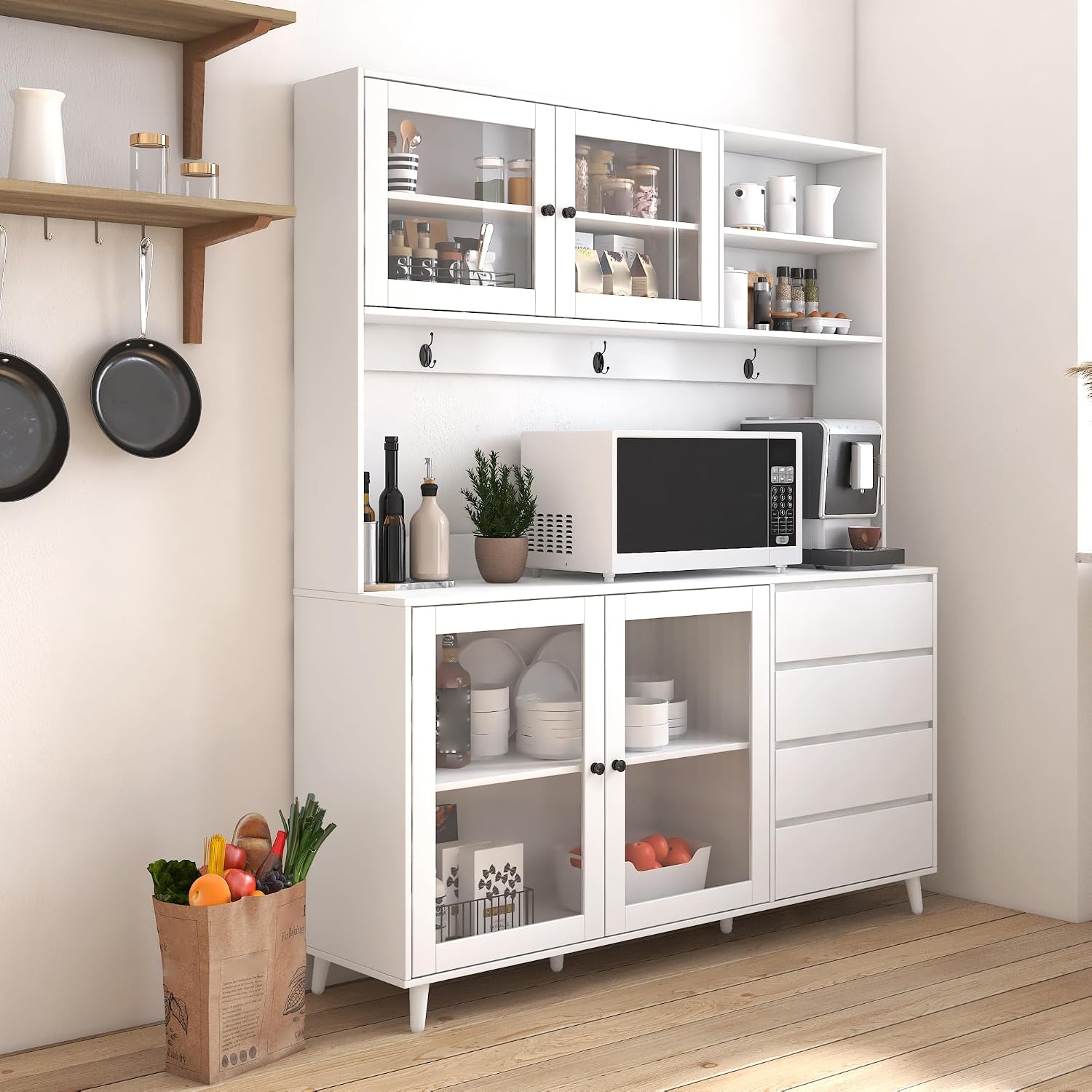 63' Kitchen Pantry Cabinet with Doors and Shelves, Bakers Rack Coffee Station with 4 Drawers and Hooks, Freestanding Storage for Kitchen Garage Office, White