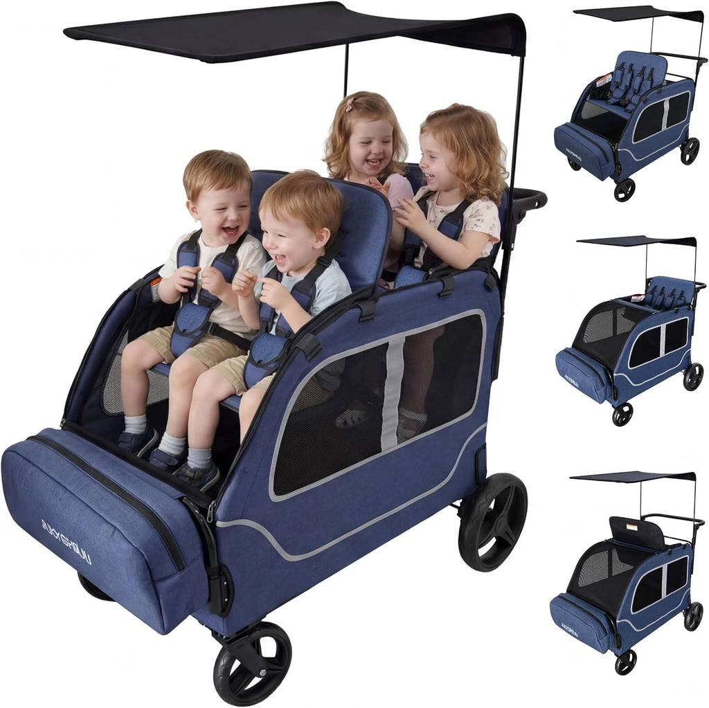 Car-Shaped Large 4 Seater Stroller Wagon for 2 3 Kids Toddler Child Foldable All-Terrain Triple Quad Wagon with Removable Canopy, 5-Point Harness, Storage Bag Shopping Outdoor Blue