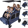 Car-Shaped Large 4 Seater Stroller Wagon for 2 3 Kids Toddler Child Foldable All-Terrain Triple Quad Wagon with Removable Canopy, 5-Point Harness, Storage Bag Shopping Outdoor Blue