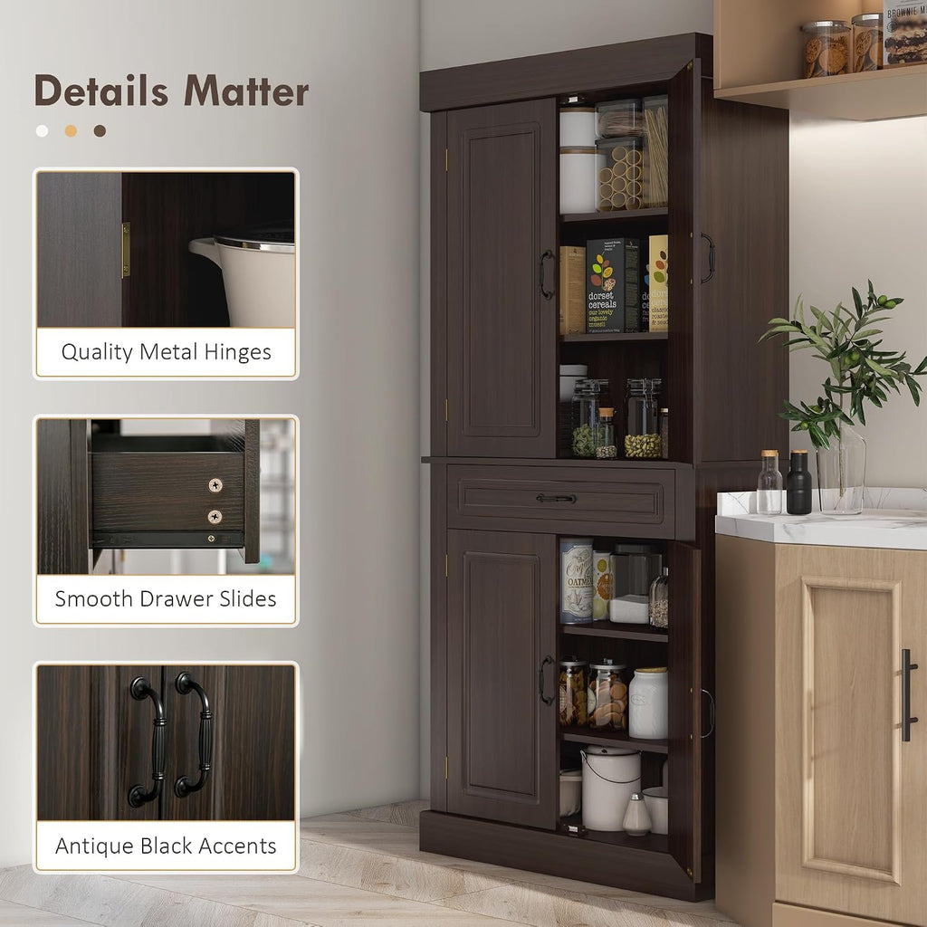 71' 4-Door Freestanding Storage Cabinet, Kitchen Storage Bakers Rack with Wide Drawer, Utility Food Cupboard with Wood Grain for Kitchen/Dining/Office, Coffee