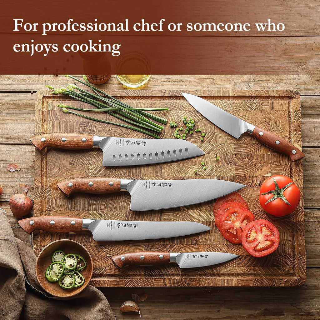 HEZHEN Knife Set,5 Piece Kitchen Chef Knife Set, German High Carbon Stainless Steel Ultra Sharp Chef Santoku Slicing Utility Paring Knives Sets, Ergonomic Full Tang Handle Cooking Cutlery Set Gift
