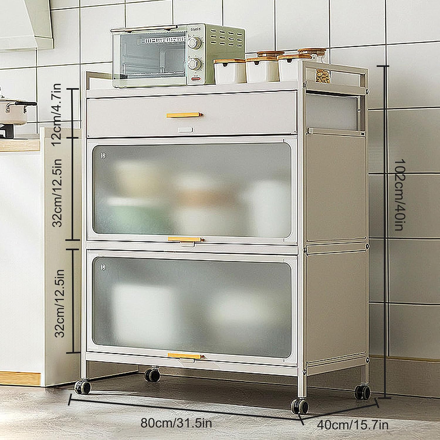 Kitchen Baker's Rack with Flip Door Cabinet, 5-Tier Microwave Stand with Drawer, Large Metal Storage Shelves with Brakeable Casters for Garage Pantry Home Kitchen Pots,Black,80×102cm/31.5×40in