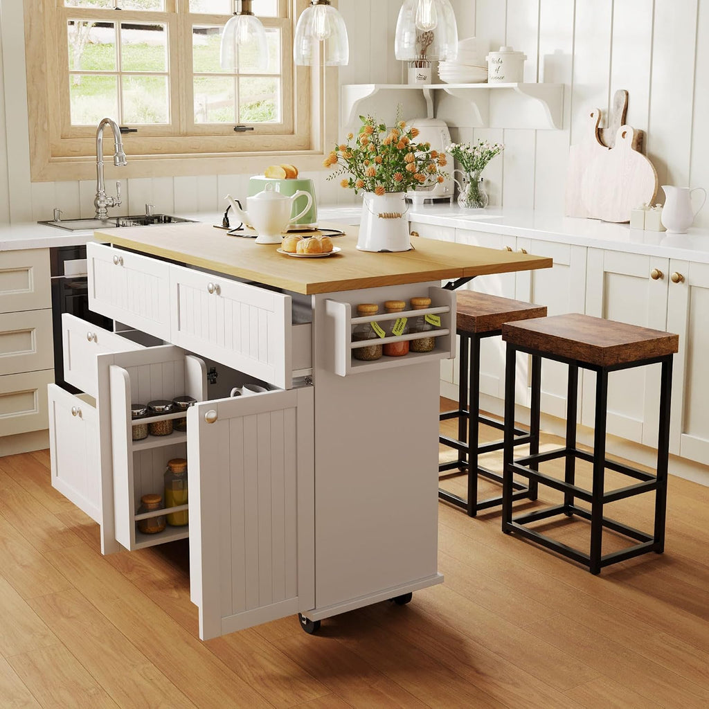 Bellemave Farmhouse Kitchen Island on Wheels with 11.8inch Drop Leaf, 2 Stools, Power Outlet,Kitchen Cart with Storage Cabinet, 2 Drawers, Door Shelves and Towel Rack(White)