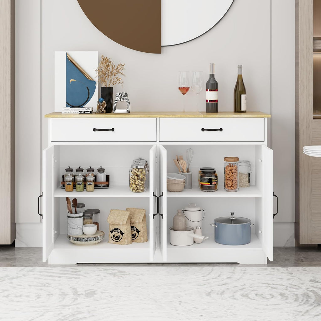 48' Carved-Door Freestanding Storage Cabinet, Kitchen Storage Bakers Rack with Metal Slides, Utility Food Cupboard for Home, White