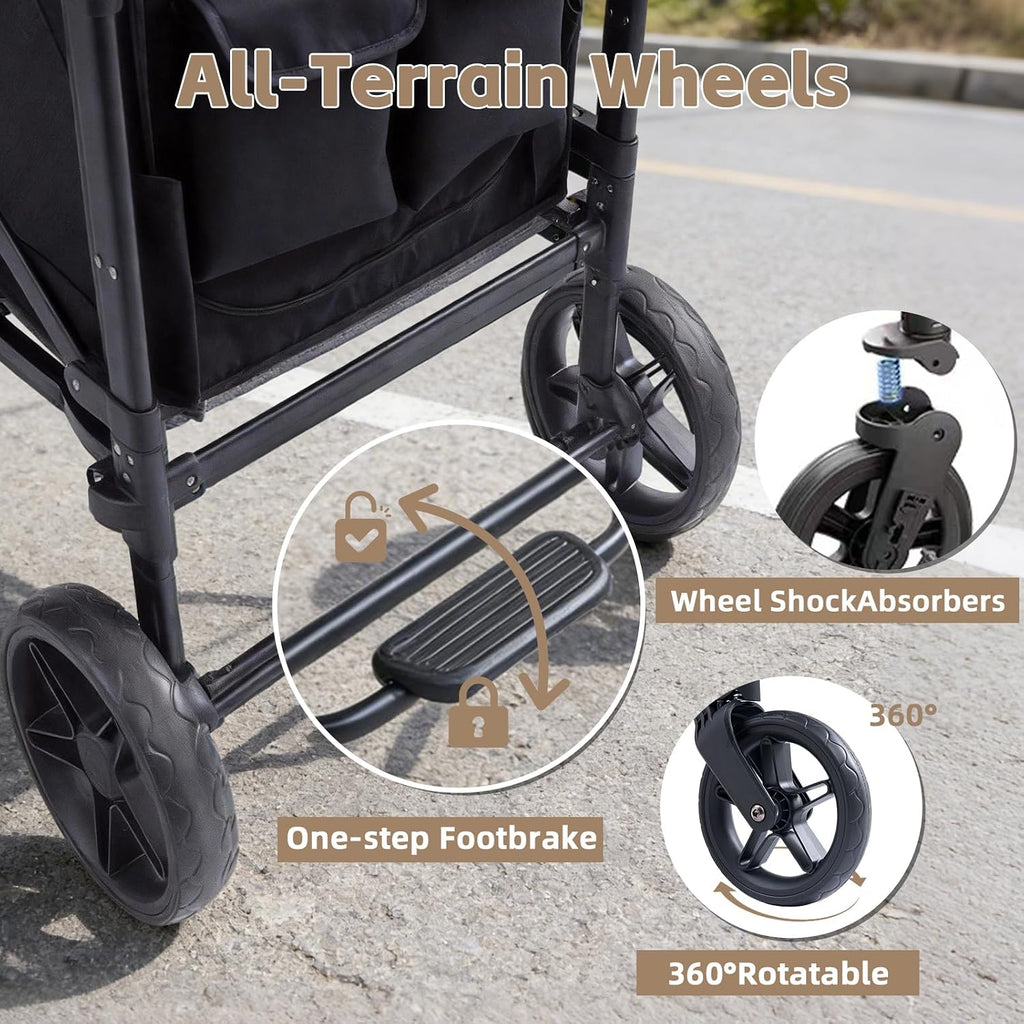 Stroller Wagon for 4 Kids, 4 Seater Wagon Stroller with Snack Tray, Large Storage Bag, Phone Cup Holder, Removable Canopy, Foldable Wagon Stroller 4 Seater with Adjustable Push Handles (Deep Black)