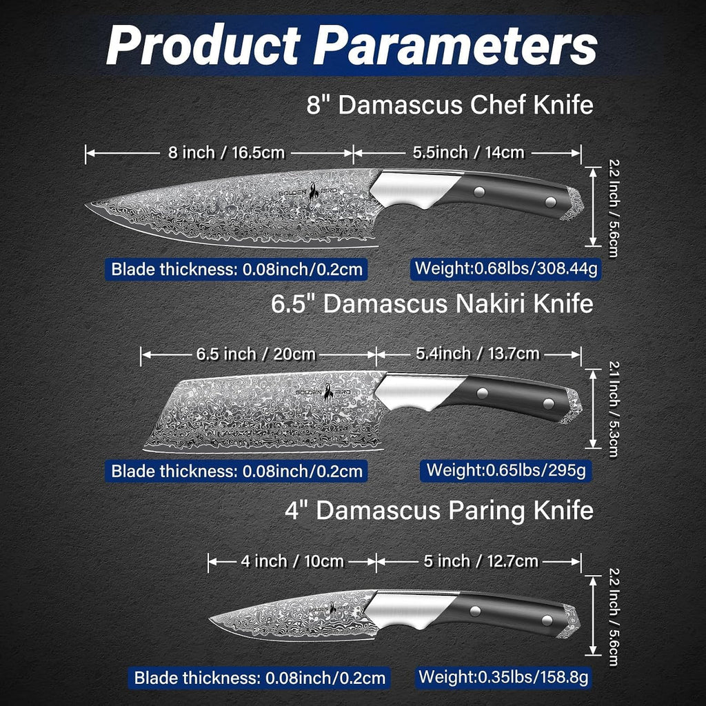 Golden Bird Damascus Kitchen Knife Set, 3 PCS Chef Knife Set Professional, Razor Sharp 67 Layers Damascus Japanese Knives Set for Kitchen with Wood Handle,Gifts for Men Women