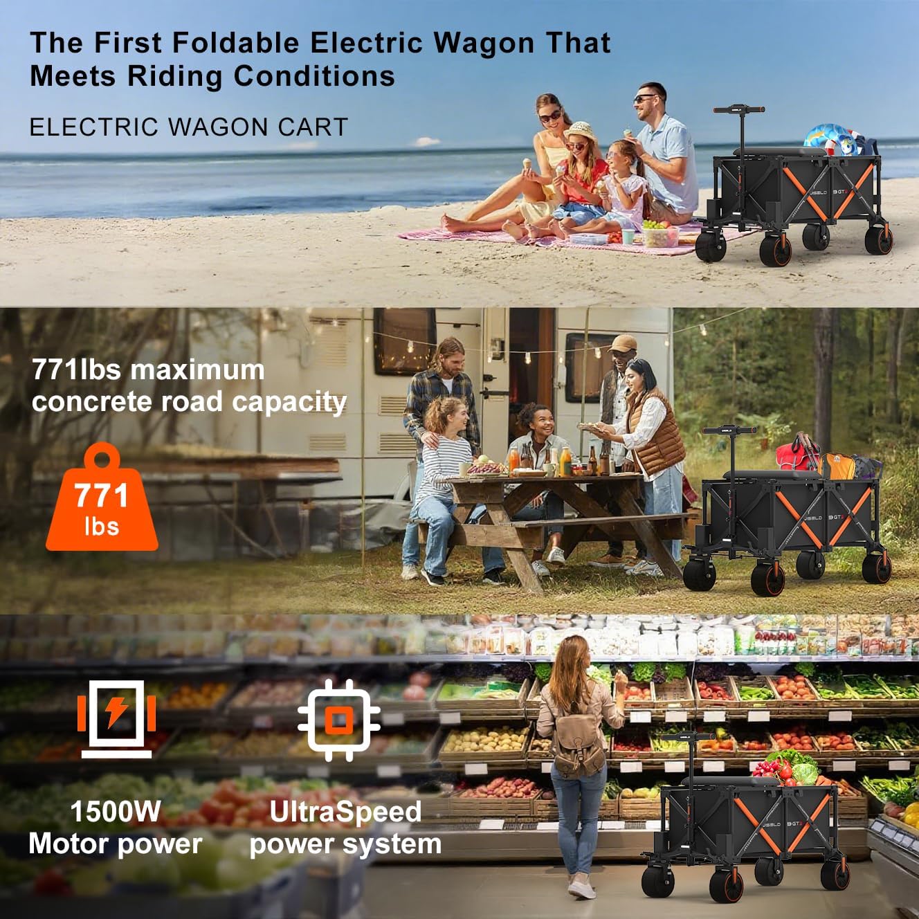WISELD GT3 Foldable Electric Wagon Cart with Seat, Dymanic Load 551LBS/Static 771LBS All Terrain Wagon, Reverse Function, Precision Steering, 2 Modes for Shopping, Sports, Garden, Camping (Khaki)