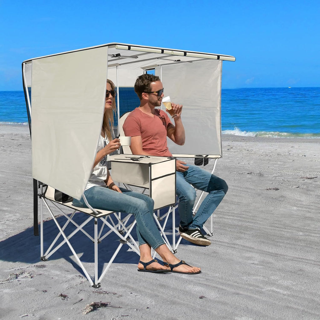 BDL Double Camping Chair with Canopy, Two Person Folding Loveseat with Shade, Heavy Duty Beach Chair with Cooler Bag, Cup Holder for Outside, Fishing, Sports, Beach-White