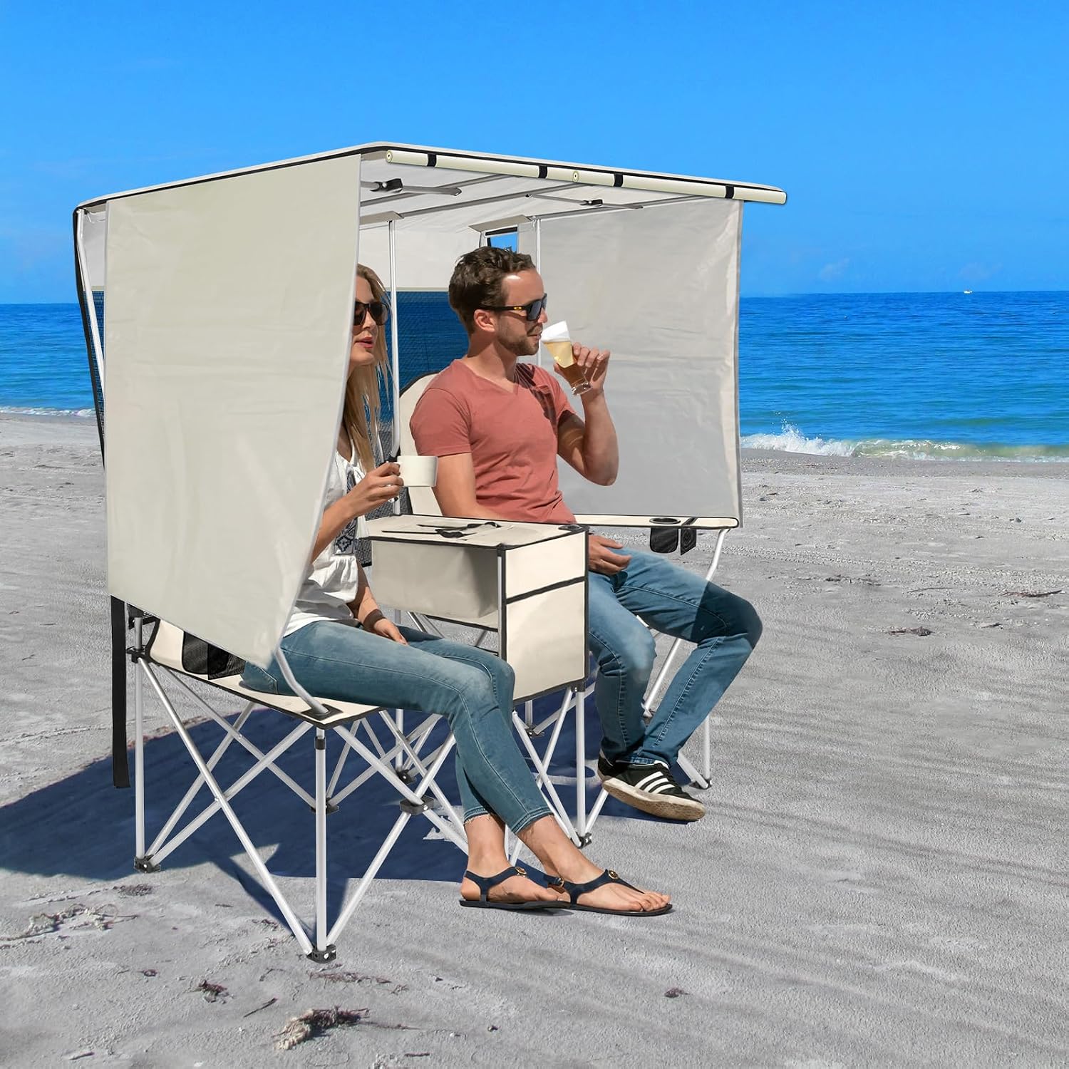 BDL Double Camping Chair with Canopy, Two Person Folding Loveseat with Shade, Heavy Duty Beach Chair with Cooler Bag, Cup Holder for Outside, Fishing, Sports, Beach-White