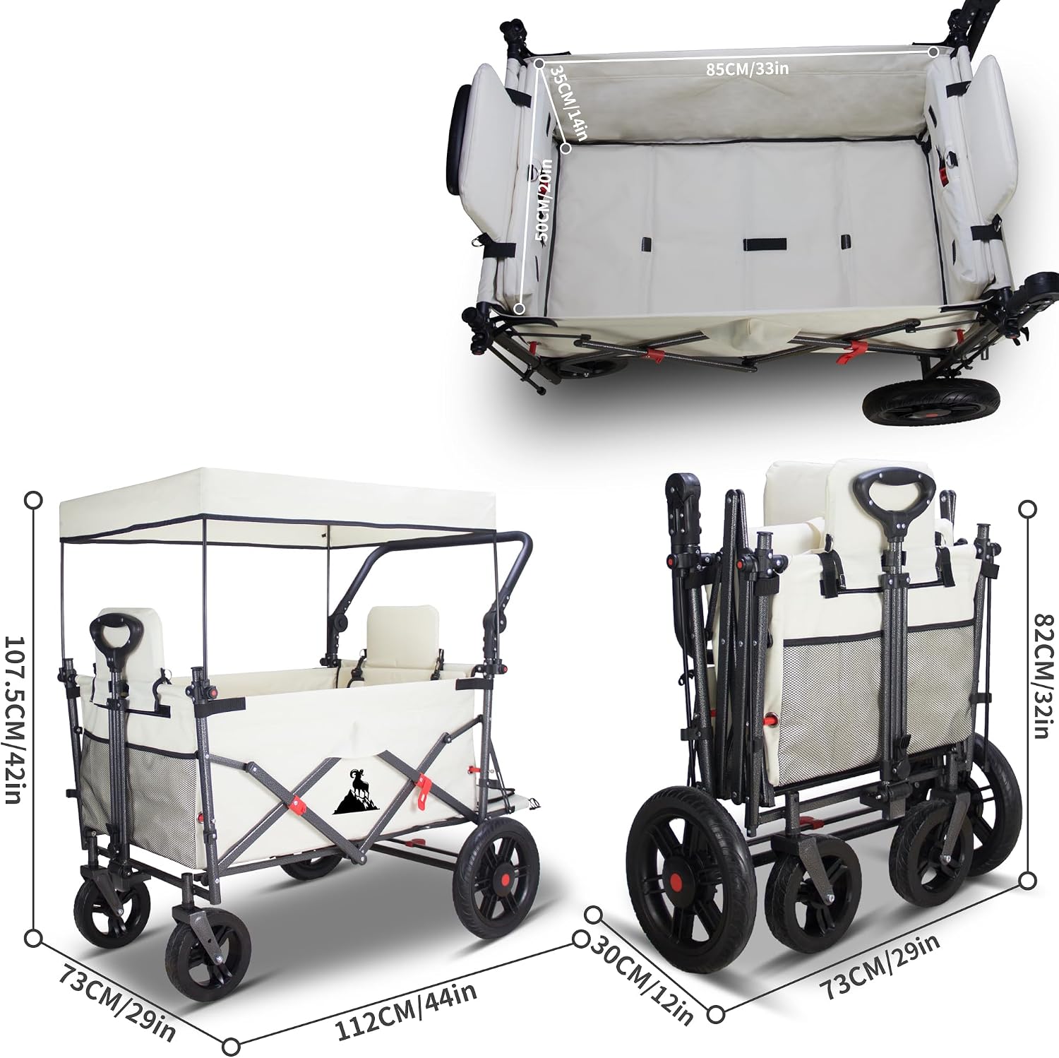 Collapsible Foldable Foldable Wagon Cart with Quick-Release Wheels & 2 Seats Camping Wagon- Heavy-Duty Utility Wagon 265LBS Capacity for Camping, Garden, Shopping (Beige)