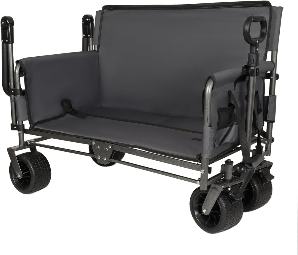 3-in-1 Heavy-Duty Folding Wagon Cart with Bench Seat, UV Canopy & 180L Storage – 500lbs Capacity All-Terrain Utility Cart for Camping, Beach, Sports & Garden (Gray)