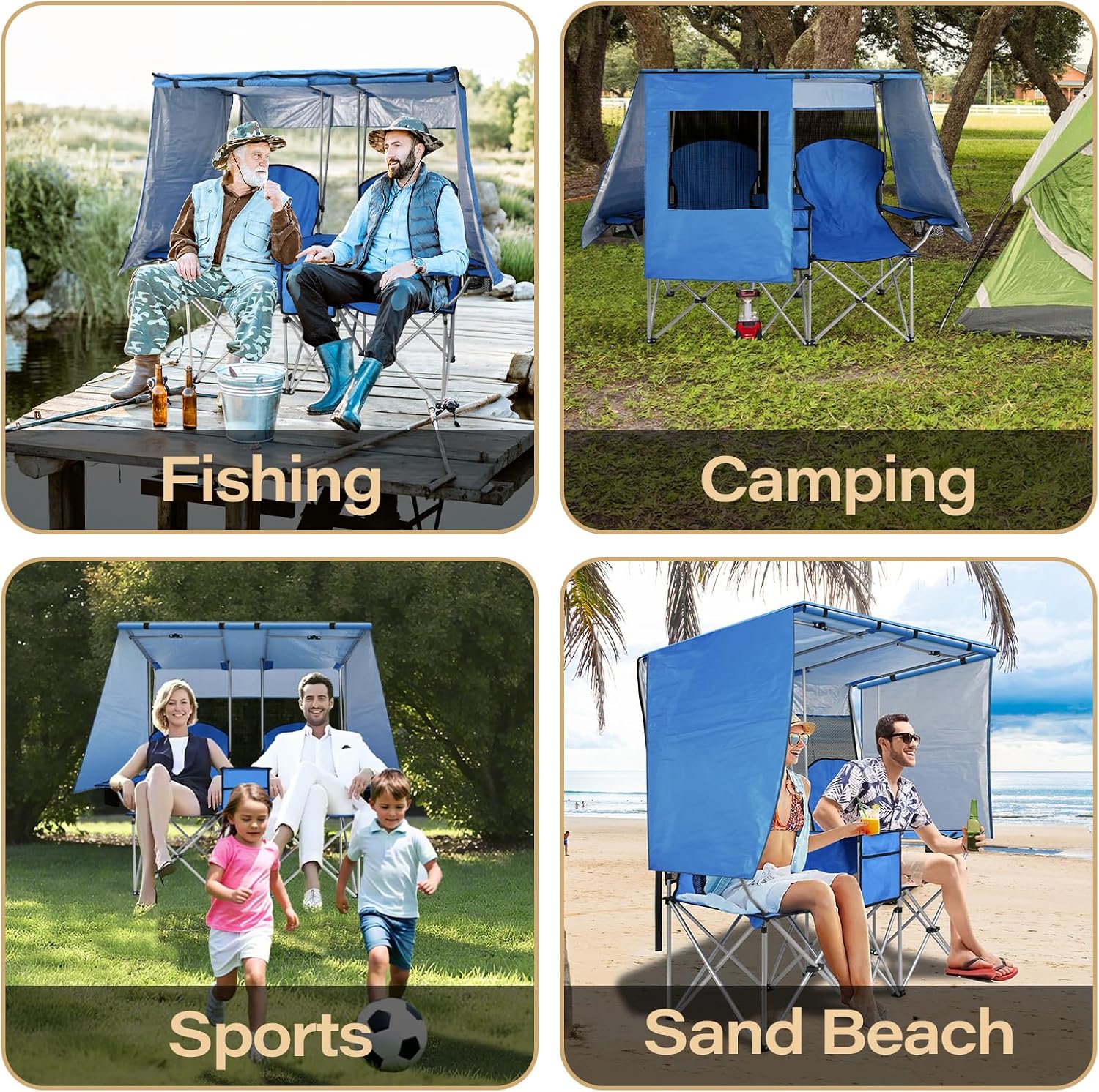 BESTHLS Double Camping Chair with Canopy Shade - Heavy Duty 600D Outdoor Loveseat for Adults, 2-Person Beach Chair with Umbrella, Folding Camp Loveseat for Fishing, Sports, Patio (Blue)