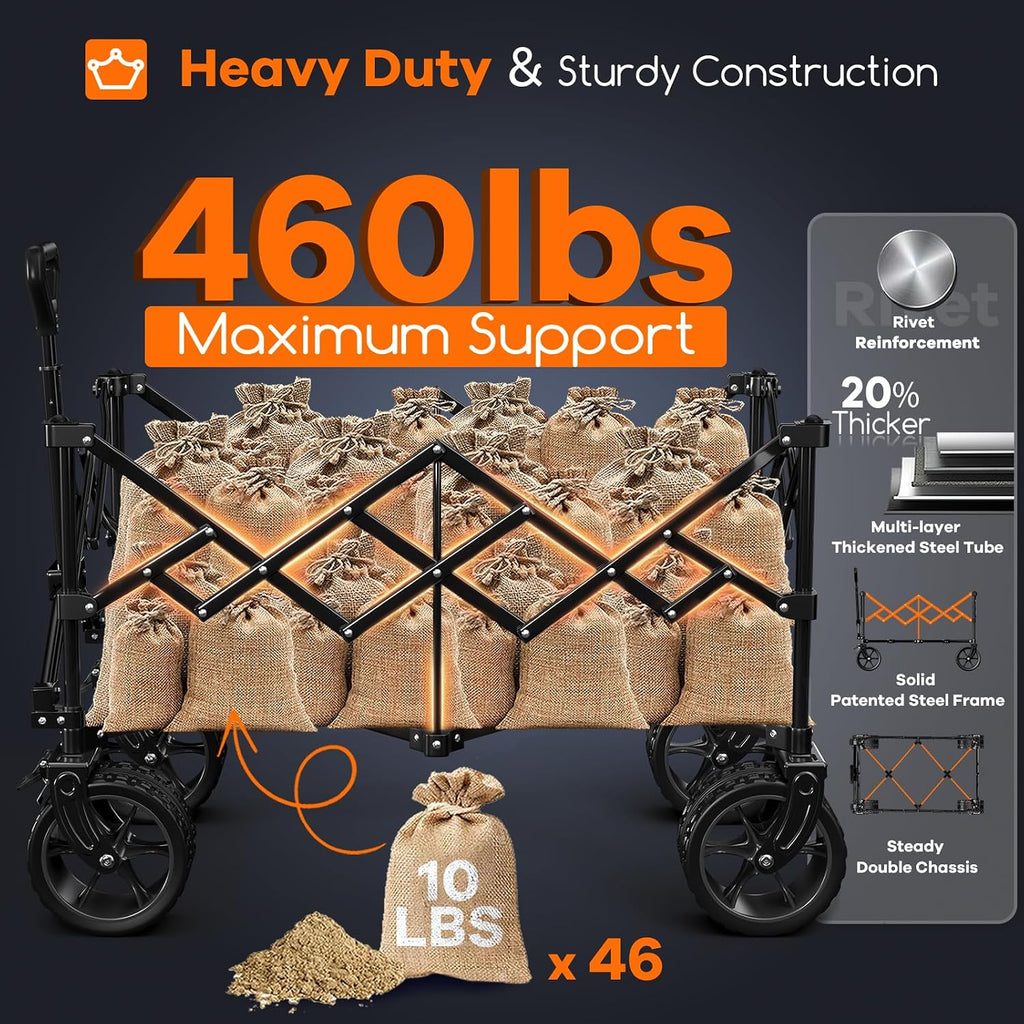 Originsure 220L Collapsible Wagon Cart Foldable, 460lbs Load Capacity Heavy Duty Folding Beach Wagons with Big All-Terrain Wheels, Utility Carts for Groceries, Camping, Sports - Grey&Purple