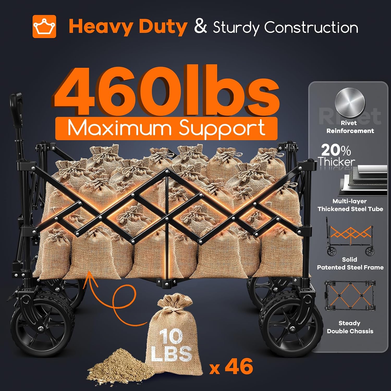 Originsure 220L Collapsible Wagon Cart Foldable, 460lbs Load Capacity Heavy Duty Folding Beach Wagons with Big All-Terrain Wheels, Utility Carts for Groceries, Camping, Sports - Grey&Purple