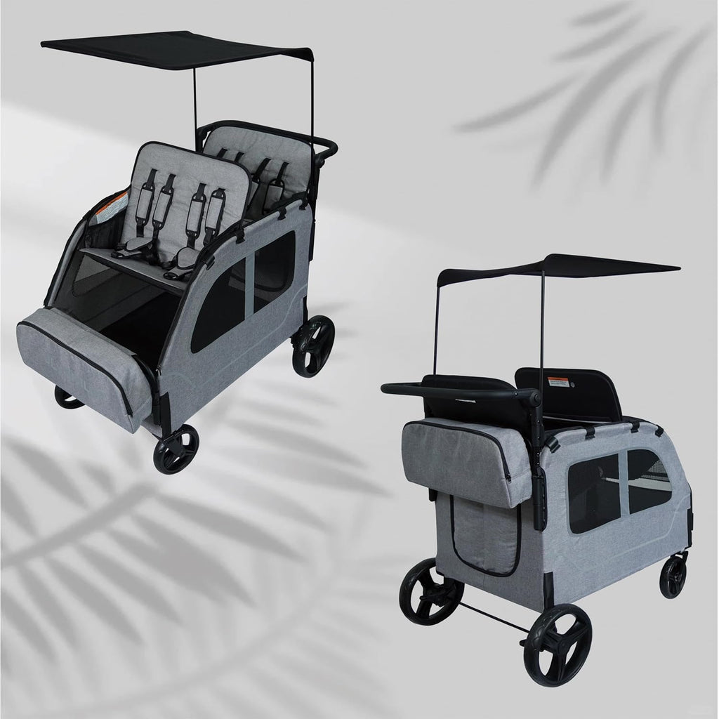 Car-Shaped Large 4 Seater Stroller Wagon for 2 3 Kids Toddler Child Foldable All-Terrain Triple Quad Wagon with Removable Canopy, 5-Point Harness, Storage Bag Shopping Outdoor Light Grey