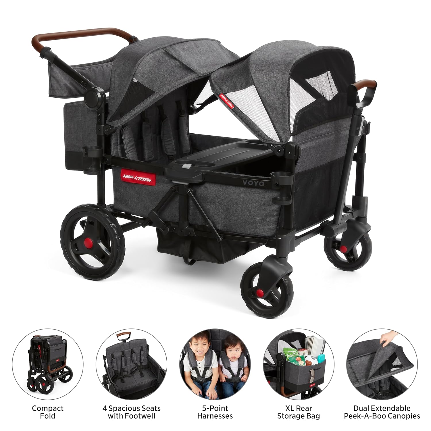 Radio Flyer Voya Quad Stroller Wagon, for Toddlers and Kids 6+ Months, Push or Pull, 4 Seats, Dual Sun Canopies, Compact Fold, Lightweight, Storage Space, 5-Point Harnesses, Stroller Wagon for Kids