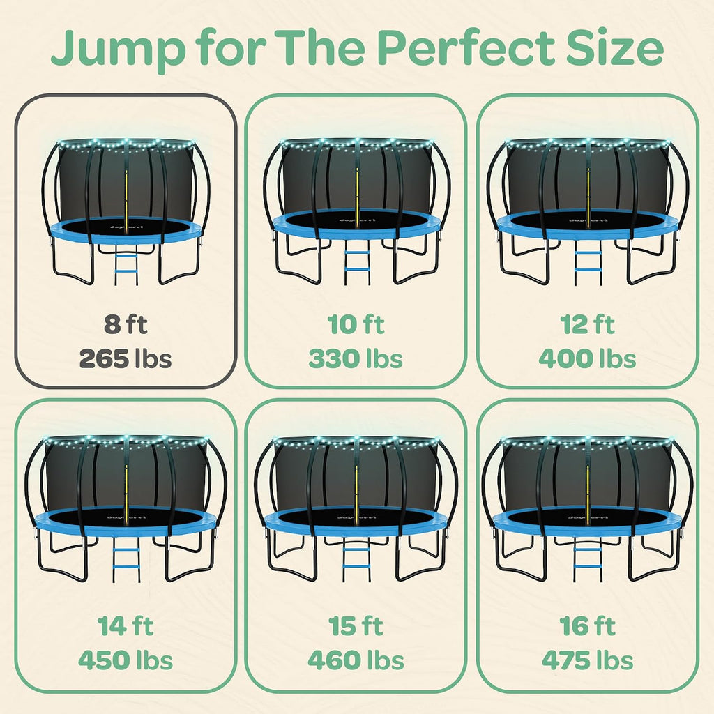 JoyBerri Trampoline Outdoor - Upsurge ASTM Certified Safe 8Ft 10Ft 12Ft 14Ft 15Ft 16Ft Recreational Trampoline for Kids and Adults. Anti-Rust Coating with Enclosure Net, Ladder, Sprinkler & LED Lights