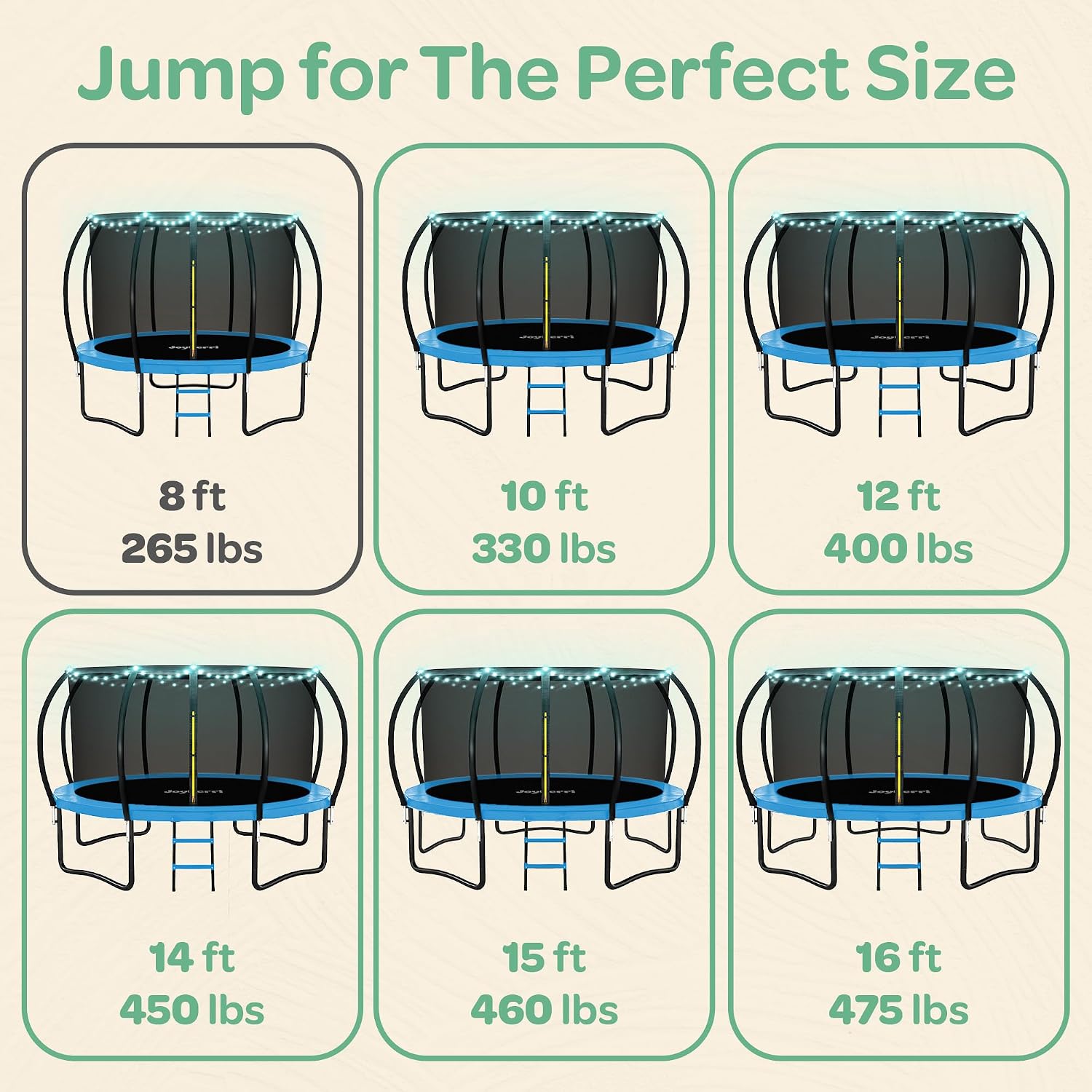 JoyBerri Trampoline Outdoor - Upsurge ASTM Certified Safe 8Ft 10Ft 12Ft 14Ft 15Ft 16Ft Recreational Trampoline for Kids and Adults. Anti-Rust Coating with Enclosure Net, Ladder, Sprinkler & LED Lights